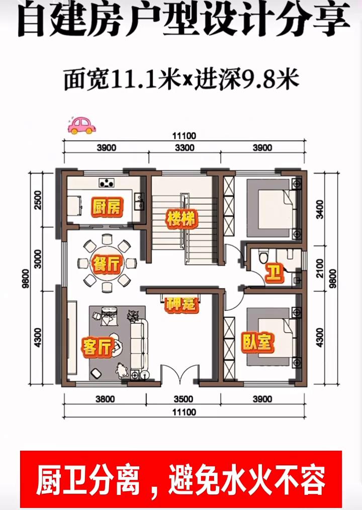 自建房户型设计分享。面宽11.1米x进深9.8米，北面靠马路，一层2个卧室，厨