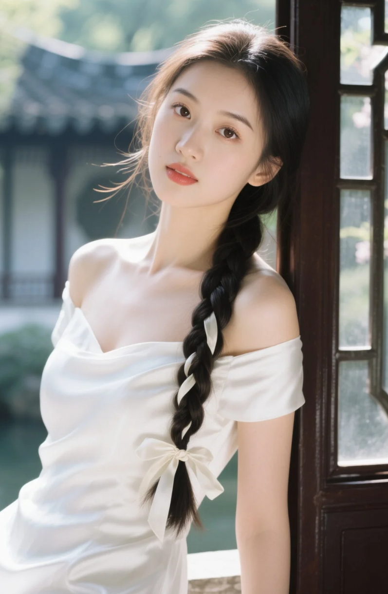 古典园林中的一抹清新——单边麻花辫少女
