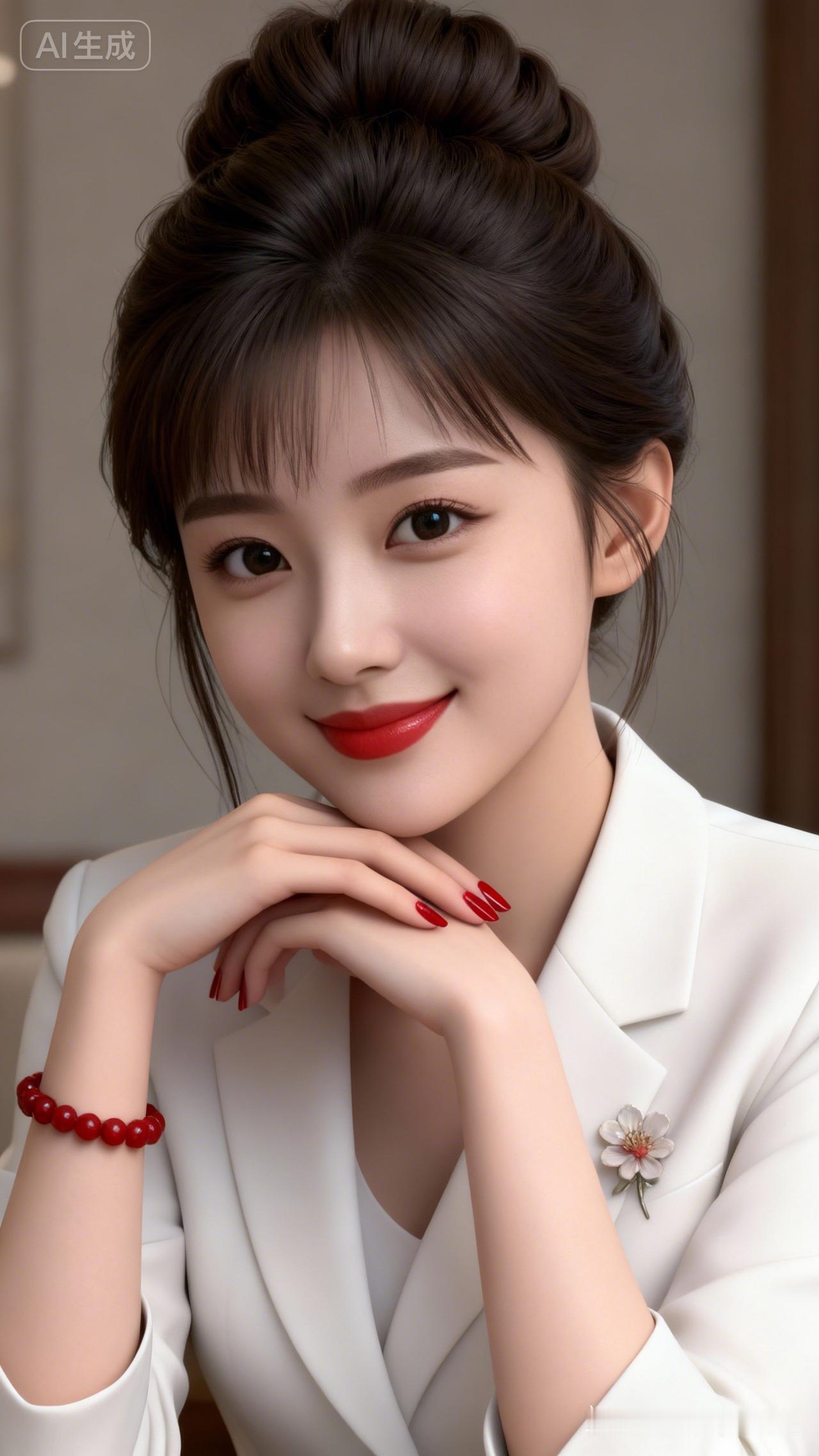 深棕盘发鹅蛋脸女性，杏眼弯眉配正红口红浅笑，纯白西装搭花朵胸针，红珠手串与红美甲