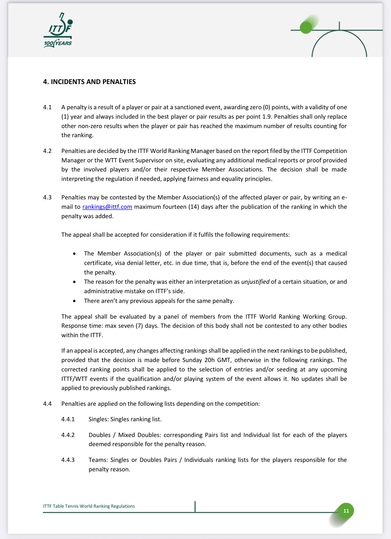 ITTF世排手册更新【与处罚相关部分】修订排名处罚裁决与申诉流程，明确具体步骤及