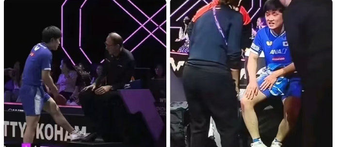 张本智和到底哪条腿痛？你给裁判指左腿，结果全程在按右腿？采访说自己关节扭了，