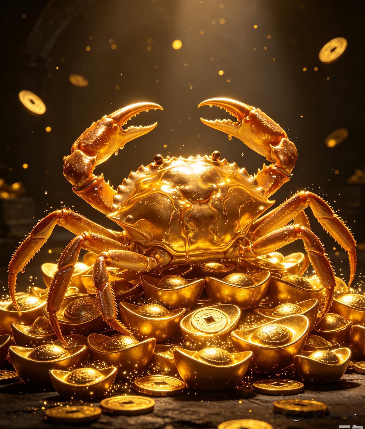 自古蟹为财，横行纳万金。这只金蟹踏元宝而来，寓意横财将至。人生不必处处直行，