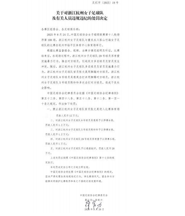 女超赛场上罕见的高额罚单再次出现！根据中国足协女子超级联赛过往处罚的历史来看