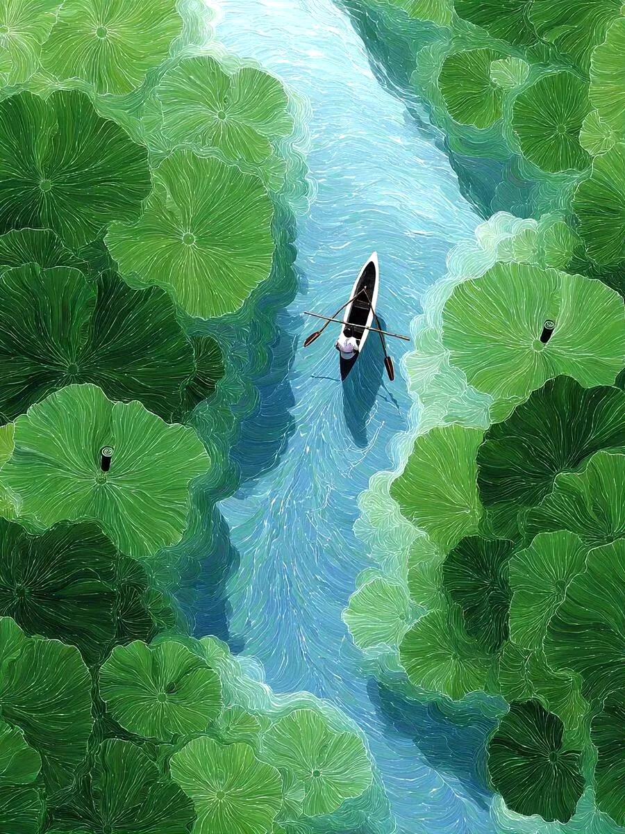 “菱叶萦波荷飐风，荷花深处小船通”。白居易，《采莲曲》。菱叶在水波中飘荡，荷叶