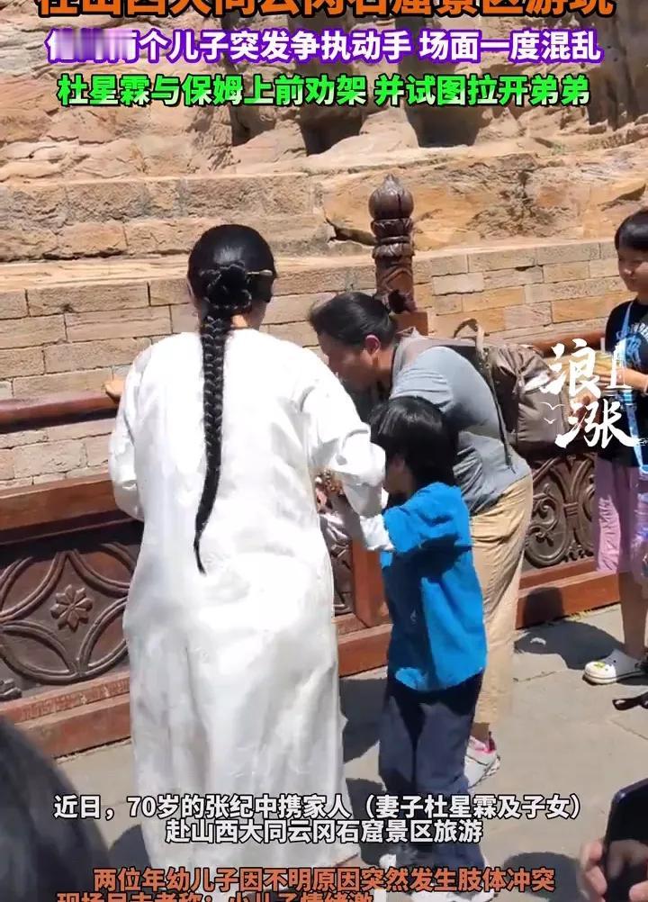 近日，张纪中带着老婆孩子在山西大同云冈石窟景区旅游时，两儿子打架，小儿子嘟嘟侠把