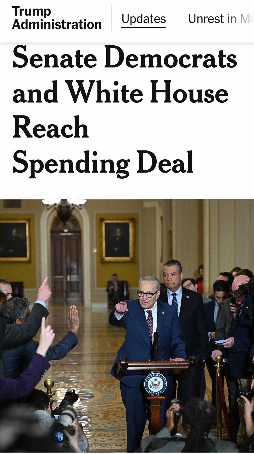 参院民主党领袖，与白宫协商决定：先通过“国土安全”以外的其他预算，避免政府关门；