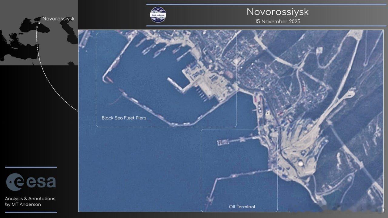 卫星图像证实新罗西斯克港的运营已暂停。OSINT研究员MTAnderso