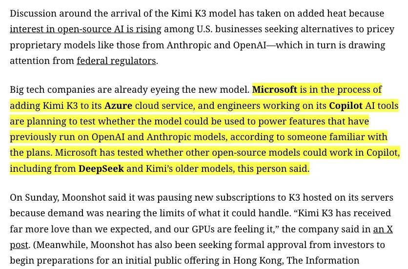 微软将用KimiK3测试Copilot。这款开放权重模型会被加入Azure。