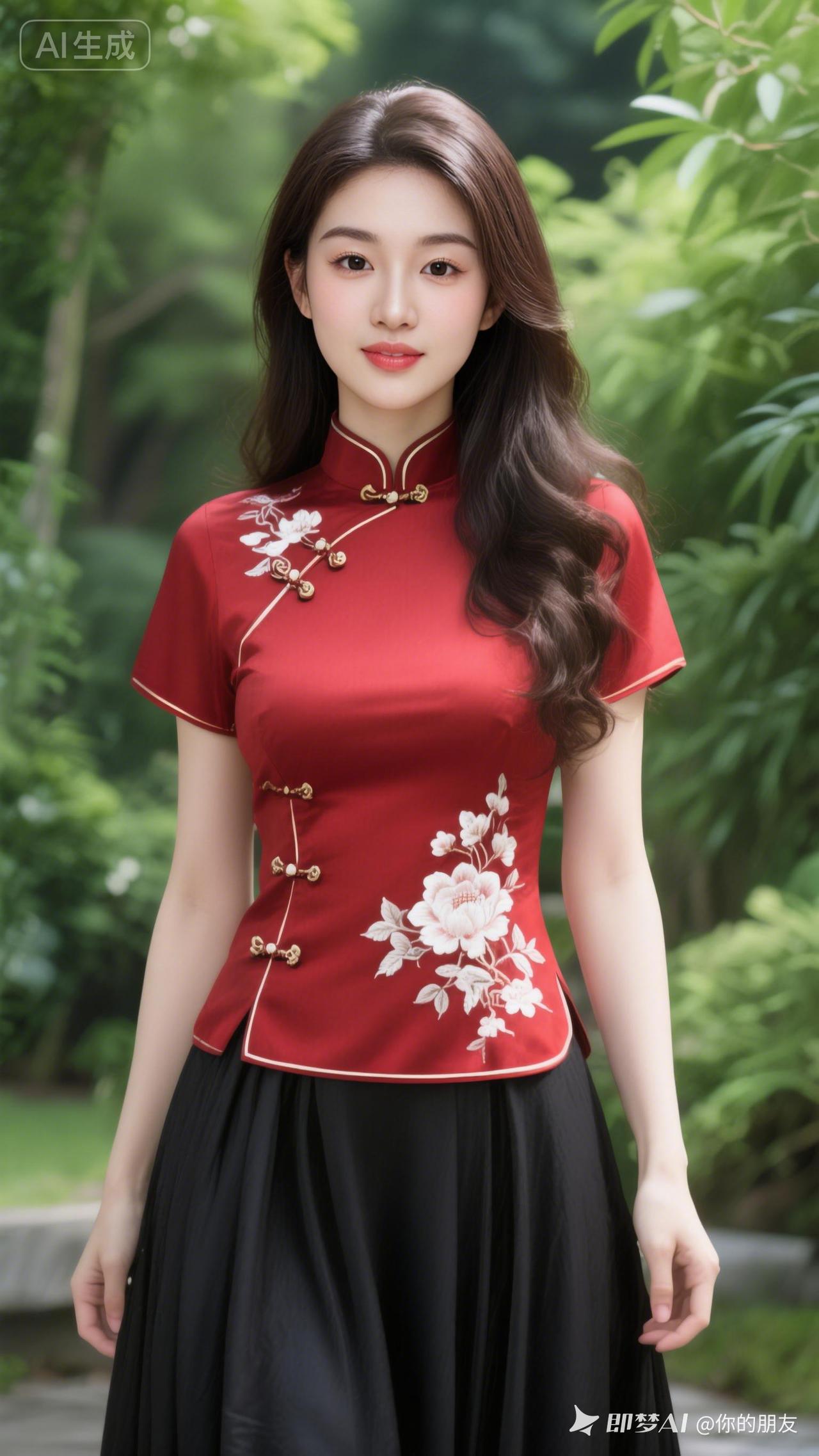 红衣美人倚绿树，花影摇曳似梦中。