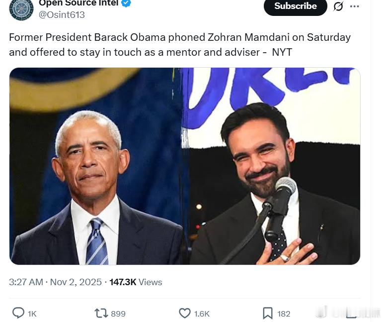 NYT：前总统巴拉克·奥巴马周六致电佐兰·曼达尼，并表示愿意作为导师和顾问保持联