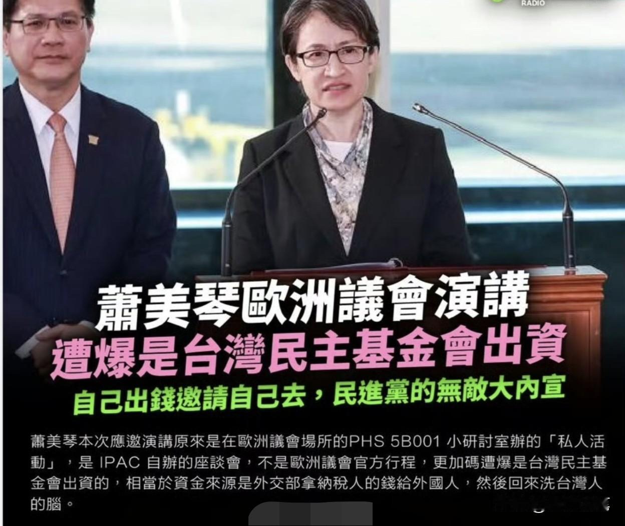 萧美琴糗大了，日前窜访欧洲在欧洲议会场地进行演讲，台下还有不少国外人在捧场，这一