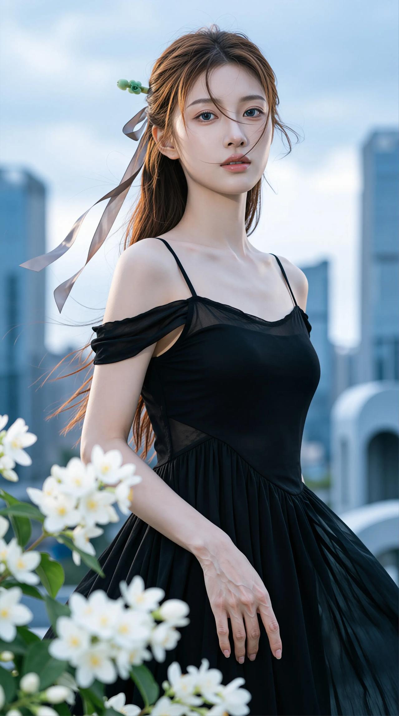 如何拍出女朋友最美一面?都市少女风，黑色连衣裙，优雅气质，花丛中的时尚。