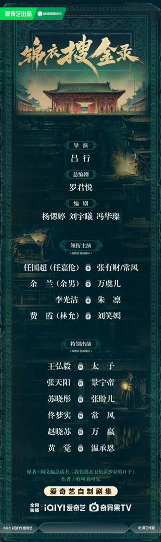 #锦衣搜金录官宣阵容#爱奇艺古装剧《锦衣搜金录》9月27日正式官宣全阵容并开机，任嘉伦一人分饰两角再