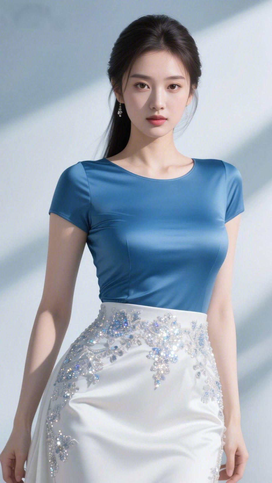 青衫白裙裹清柔湖蓝上衣衬着温婉，配绣闪白裙，像把云的净与光的柔揉进衣装里。