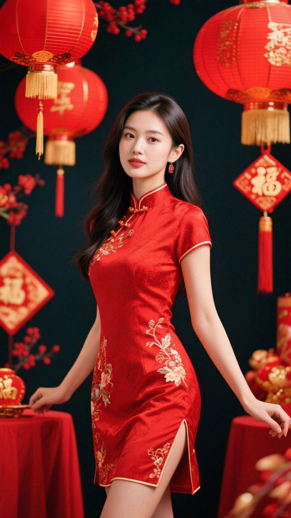 红袍映年味朱红旗袍裹着满溢的年味，绣纹缠枝绕着金，撞进红灯笼的光影里。她步