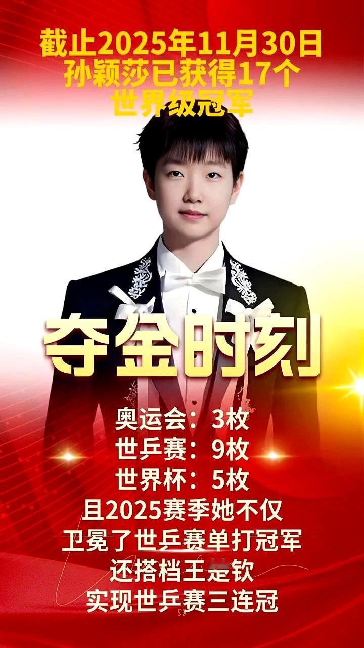 孙颖莎的17个世界冠军，这数据太吓人了。2024年巴黎奥运会收获女单银牌、女团
