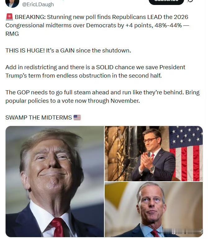 埃里克·多尔蒂：据RMG民调，共和党在2026年国会中期选举中以48%比44