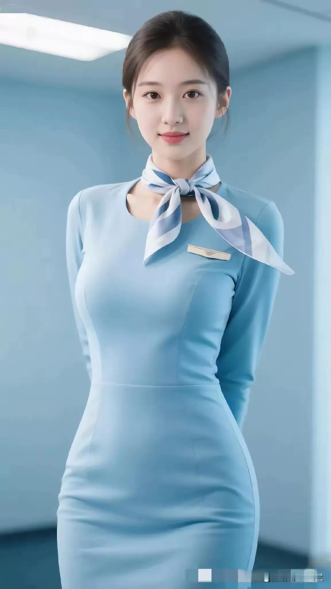 空姐的优雅气质，蓝白相间的制服，尽显专业与魅力！