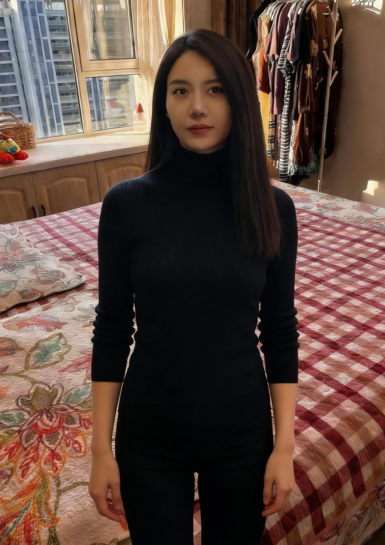 她在粉色碎花床单前站定黑裙与花影织成暧昧的网窗帘滤过的光线是淡蓝的落在她肩