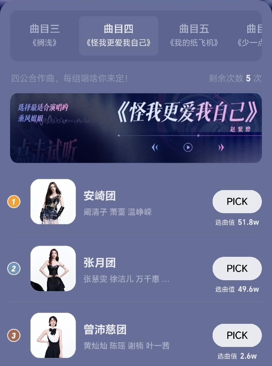 浪姐四公双人秀选曲，张月和安琦团又杠上了，两个团都想唱《怪我更爱我自己》，现在投
