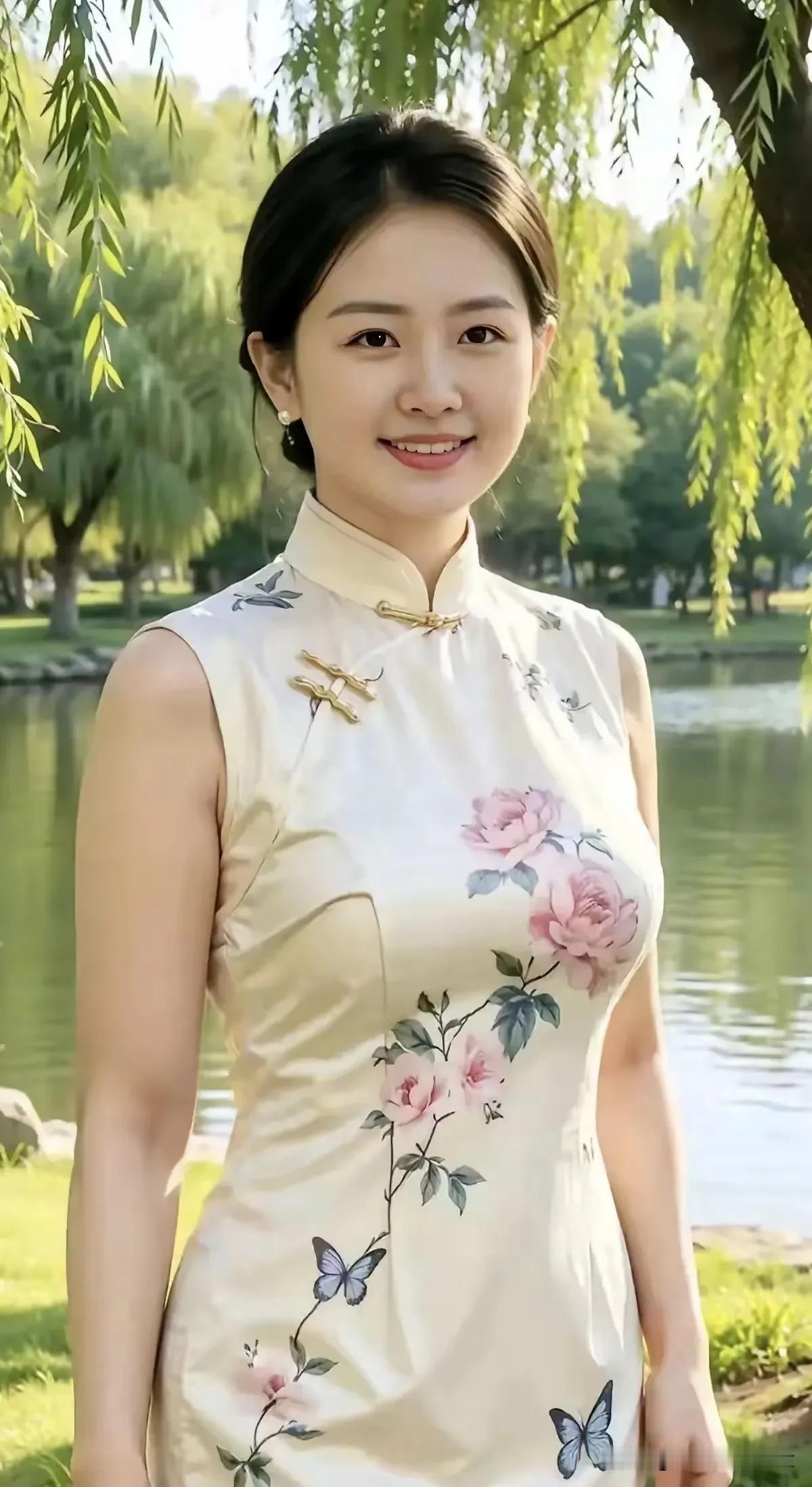 浣溪沙·柳畔旗袍垂柳丝丝拂碧塘，浅黄旗袍绣花香。嫣然一笑沐晴光。蝶影随