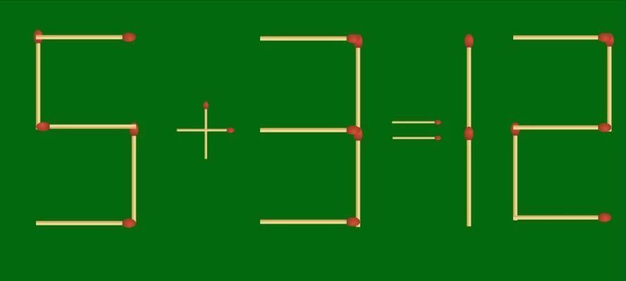 脑筋急转弯：5+3=12加1根火柴棒来修正方程式