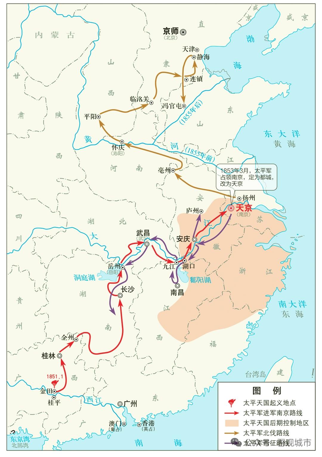 太平军的北伐为什么最终彻底失败?这幅太平天国形势图清晰区分了太平军东下金陵、