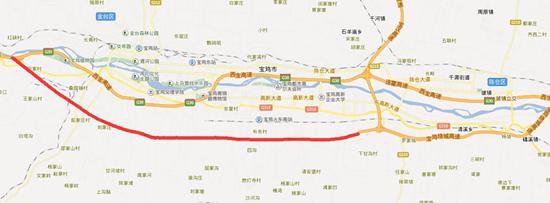 向南跨渭河,在磻溪向西沿塬面设线,经唐家塬,与拟建的宝汉高速交叉