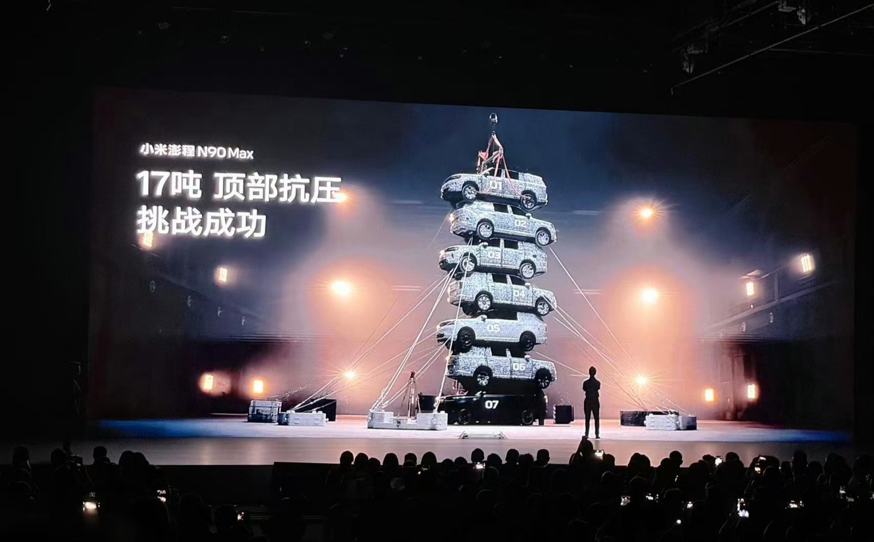 小米澎程N90这次真够硬核的，直接把6台同款车叠在车顶，足足17吨重，相当于快6倍自重，结果最底下那