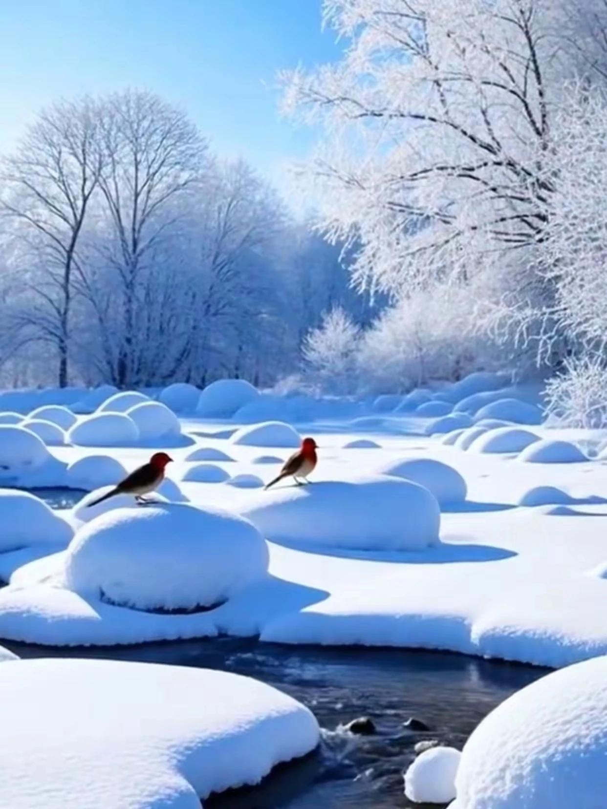 北国风光，千里冰封。玉树琼花，一片雾凇。两只小鸟，欣赏雪景，溪水潺潺，暖