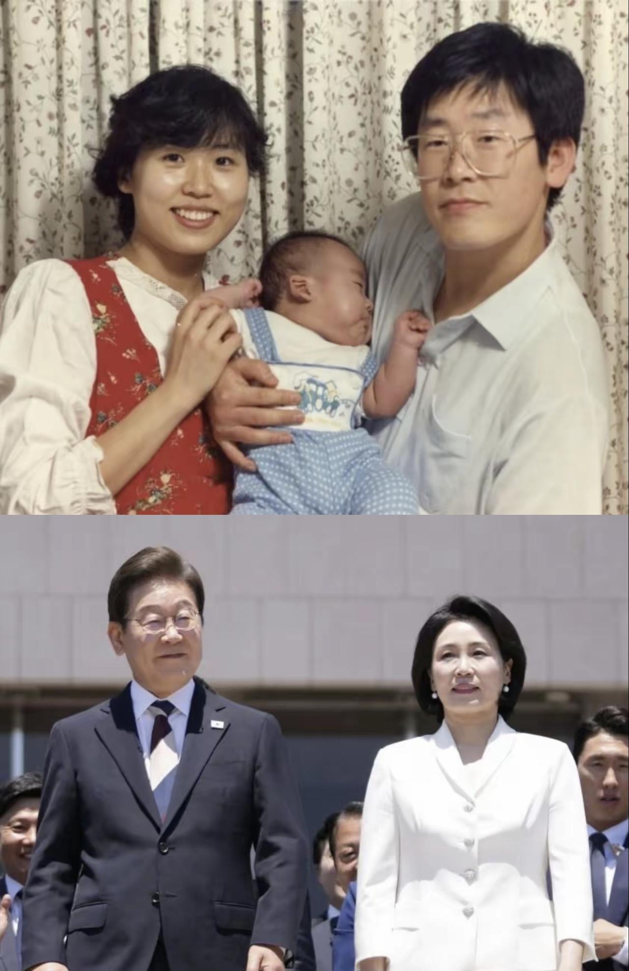 这是韩国总统李在明与夫人金惠景不同时期的两张合影照，金惠景原本是一名钢琴老师，1