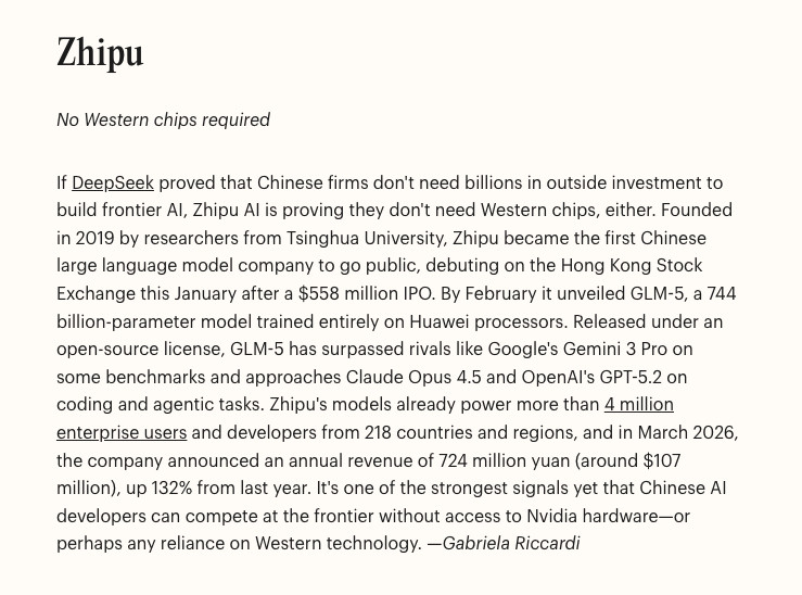 《时代》刚公布了2026年最具影响力10家人工智能公司名单，入选名单里有字节、亚