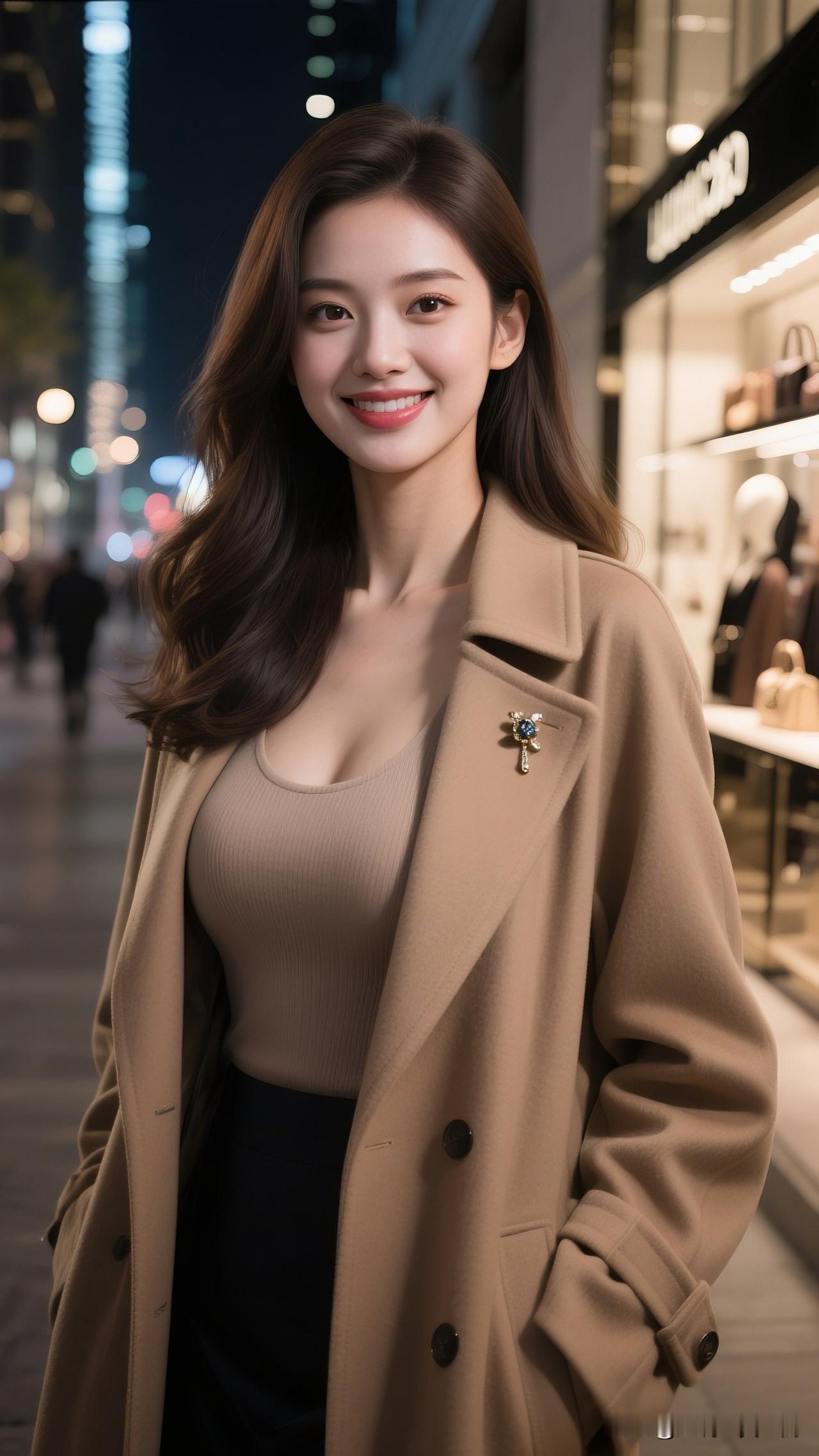 夜色如墨，美人如花。爱笑的女人魅力十足，你觉得呢夜晚街头的优雅穿搭，温柔微笑，