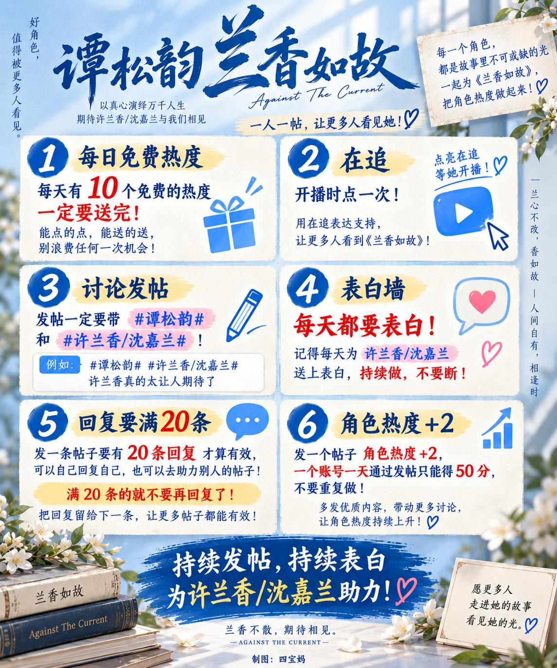 #谭松韵##谭松韵许兰香#腾讯视频的讨论、角色墙还有热度都上了，大家都做起来先点进腾讯视频兰香如故页
