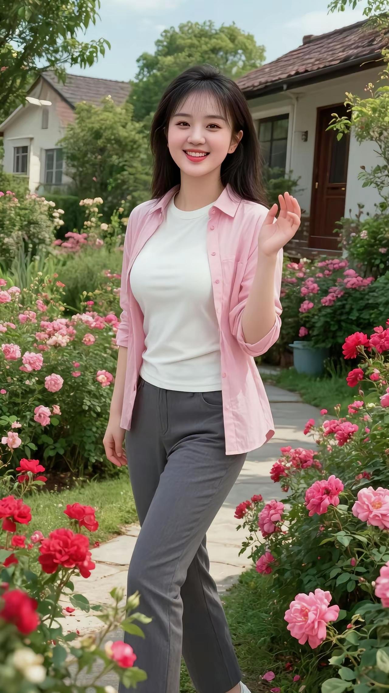 阳光明媚的午后，粉嫩花朵盛开，少女微笑挥手，花园里的小确幸。