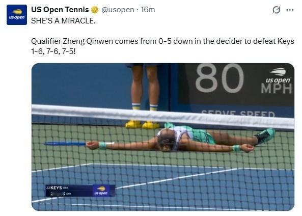 美网官推称郑钦文是奇迹本迹从资格赛一路闯关，经历伤病与排名低谷，在几乎出局的绝境