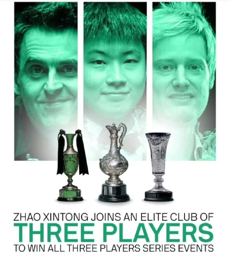 赵心童最新解锁一伟大成就，那就是包揽三大红包赛冠军（世界大奖赛、球员锦标赛和巡回