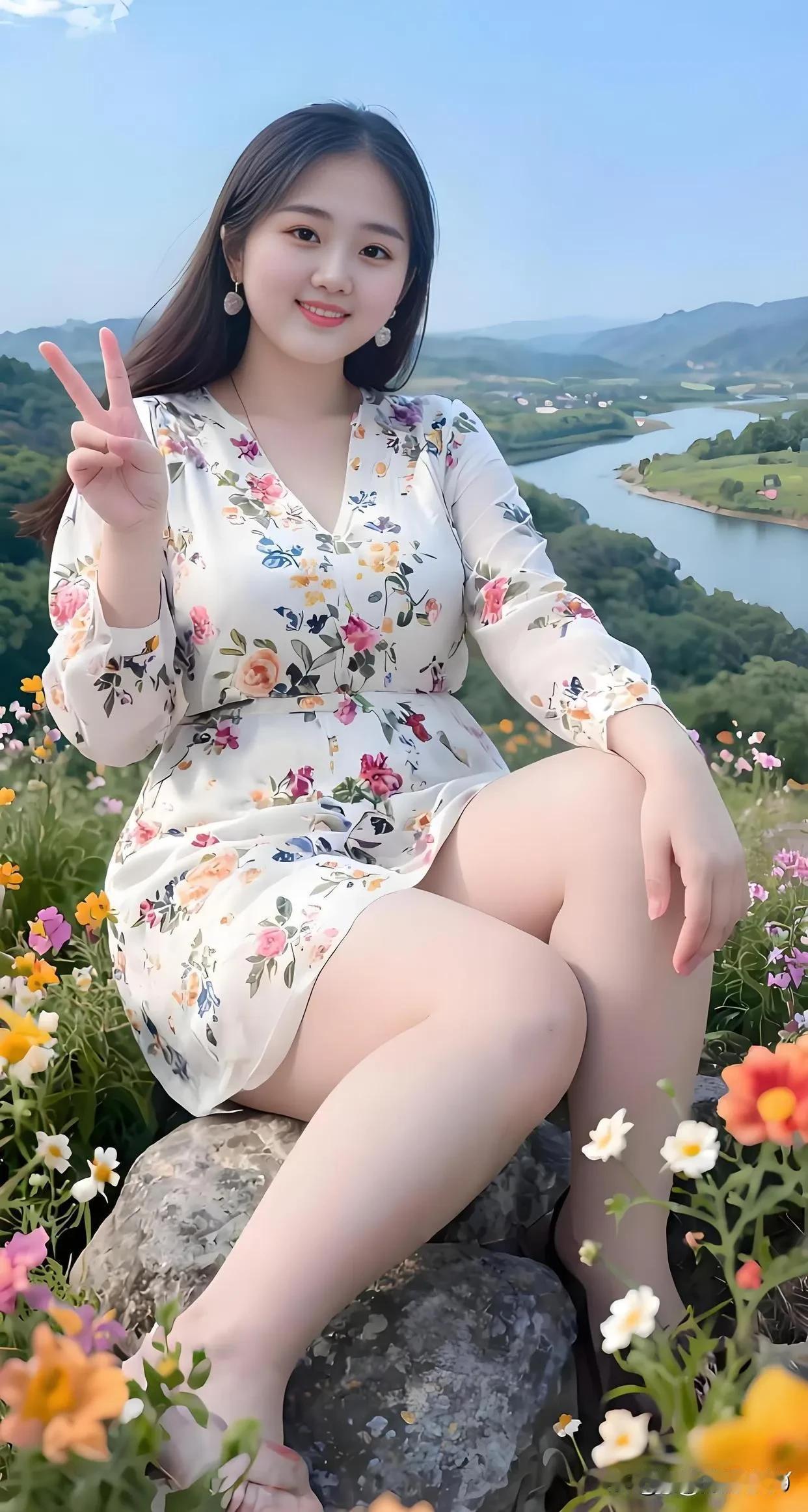 阳光倾洒，那片花海宛如上帝失手打翻的调色盘，五彩斑斓。一位面带微笑的姑娘伫立其中
