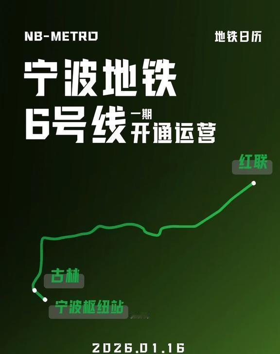 宁波地铁6号线（一期）开通运营！宁波地铁6号线（一期）是《宁波市城市轨道交通第