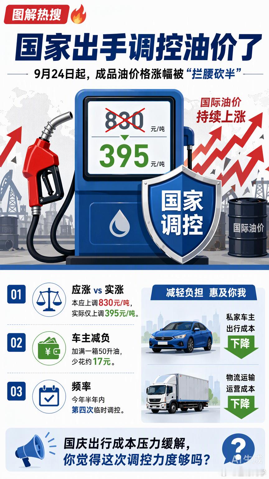 9月24日这次油价调整，国家再次启动了临时调控机制。按现行成品油价格机制计算，本轮汽柴油每吨本应分别