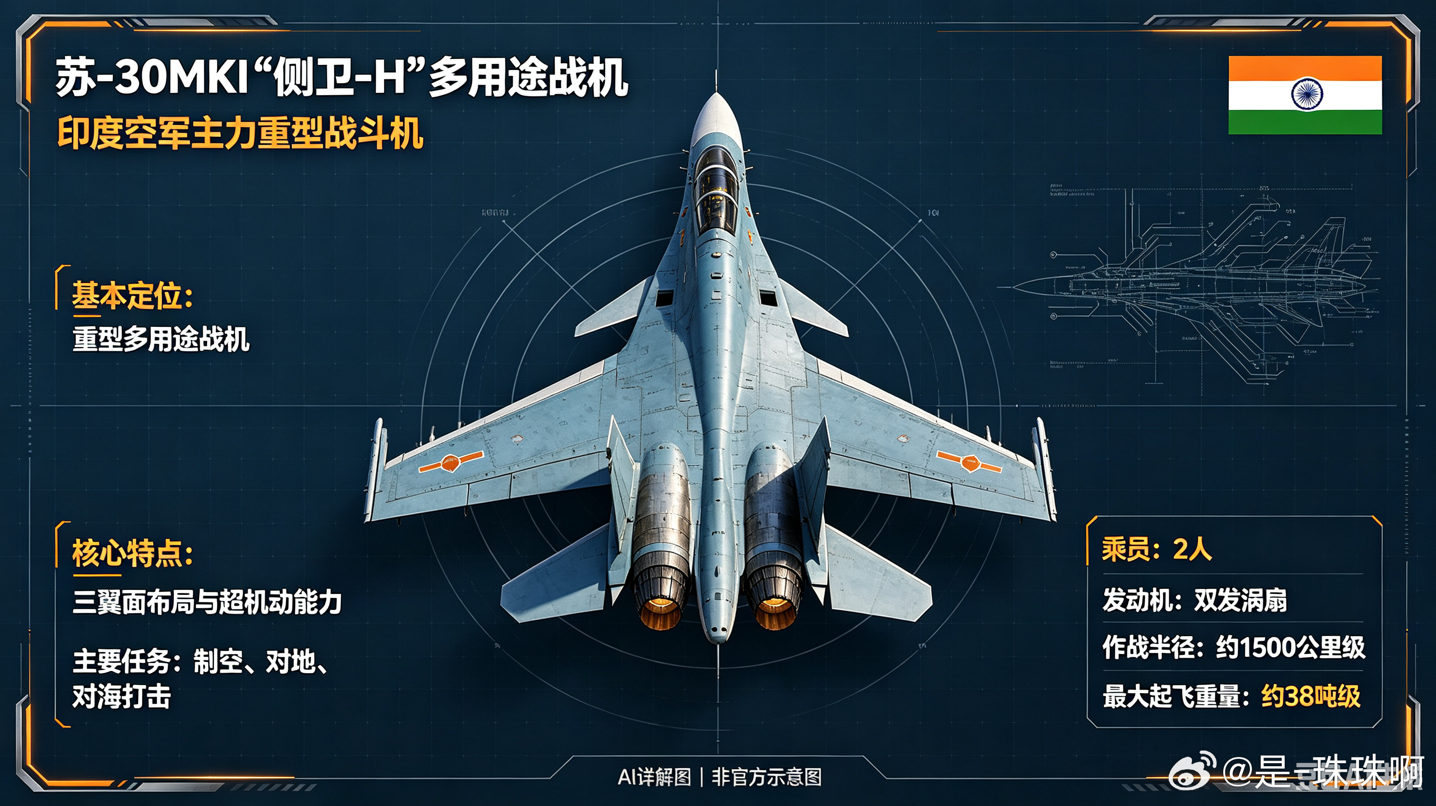 苏-30MKI是俄罗斯专为印度定制的重型多用途四代战机，也是印度空军列装规模最大、出勤率最高的主力机