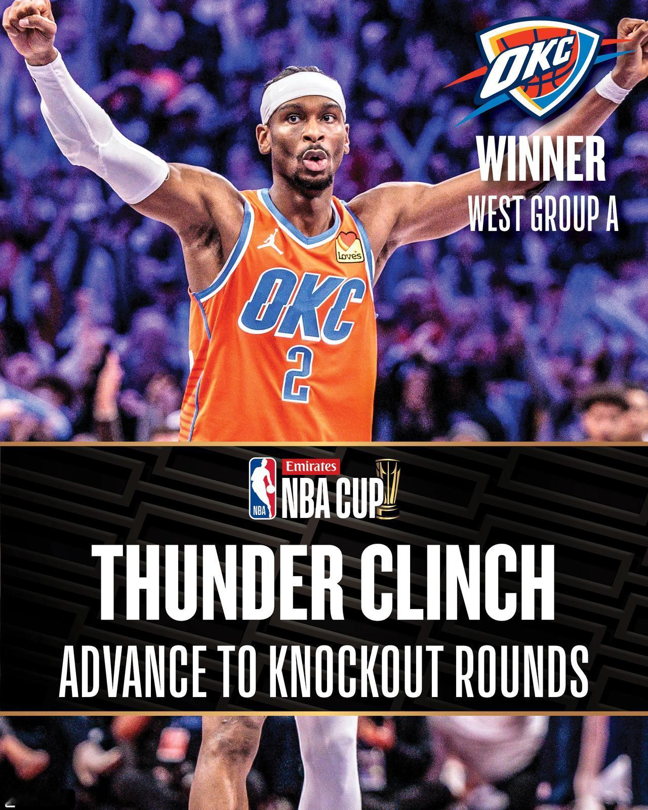 随着雷霆123：119战胜太阳，雷霆也成为了NBA杯赛的A组第一。亚历山大今天