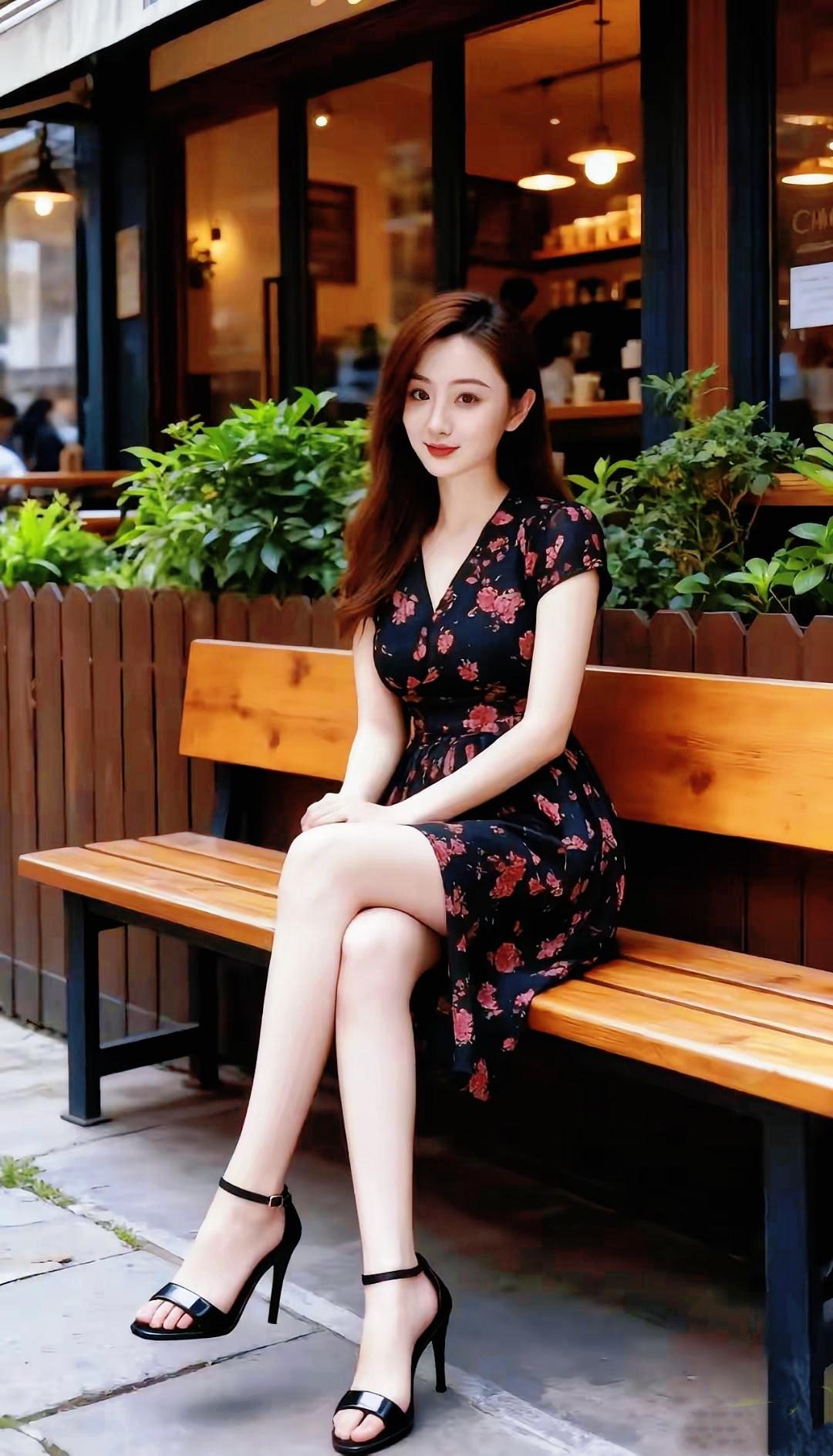 优雅气质和精致五官，再配上紫色碎花连衣裙与黑色高跟鞋，这组合简直绝了！清新脱俗又