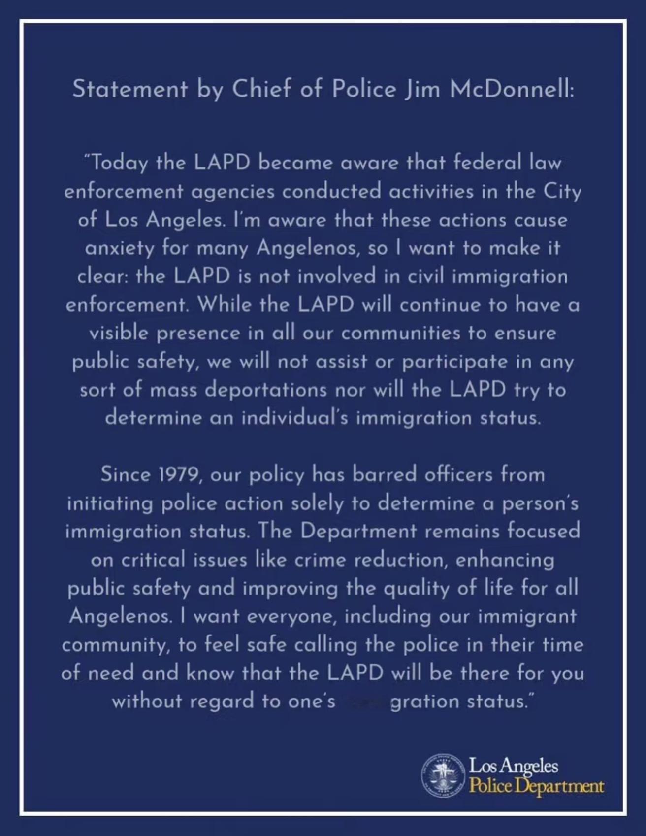 洛杉矶警察局LAPD声明原文翻译：警察局长吉姆·麦克唐纳声明:今天，洛杉矶警察