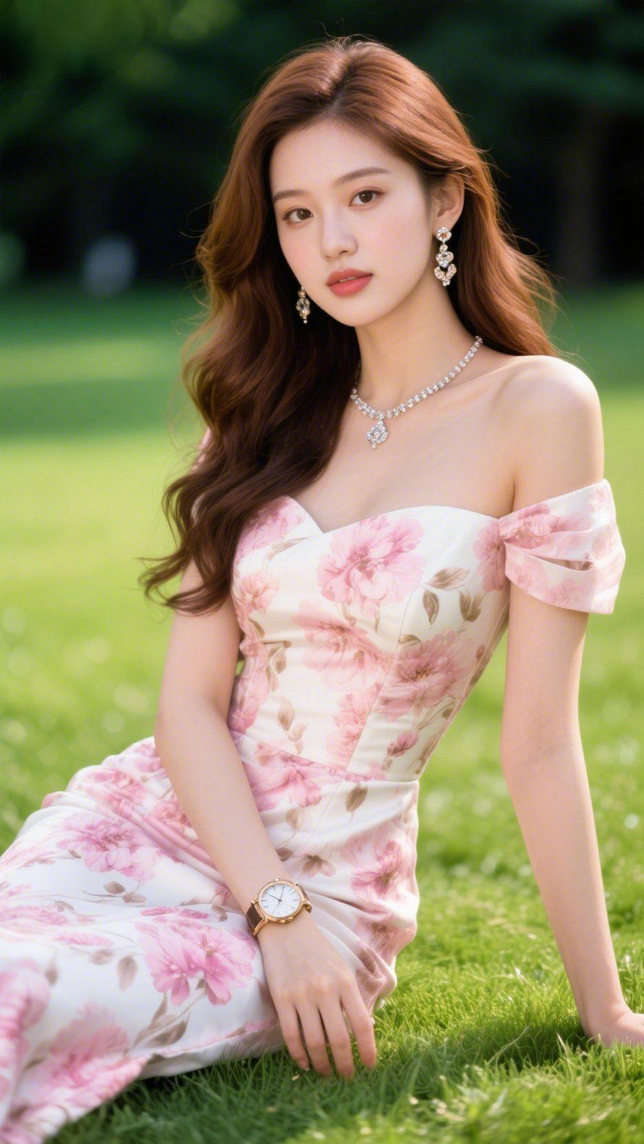 繁花入裙裾嫩草如茵的绿意里，一袭粉花长裙揉进了春日的温柔。裙身的繁花似枝头