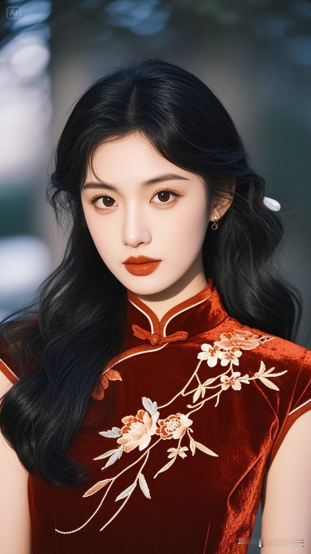 一袭红色旗袍，成熟优雅，气质清冷，古典之美的绽放，宛如画中仙子。美女人像群高清