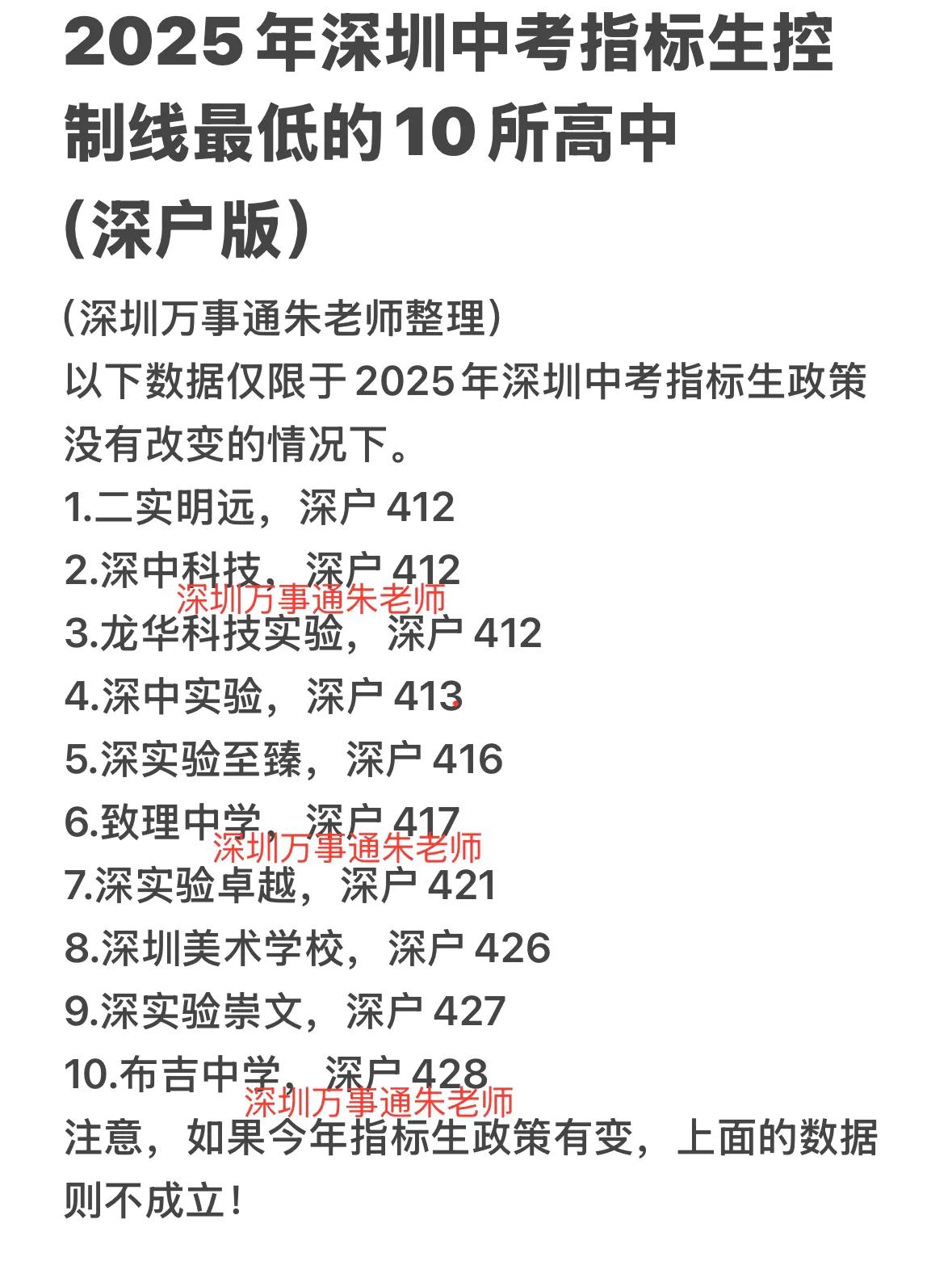 深户指标生控制线最低的10所高中深圳中考家有中考生