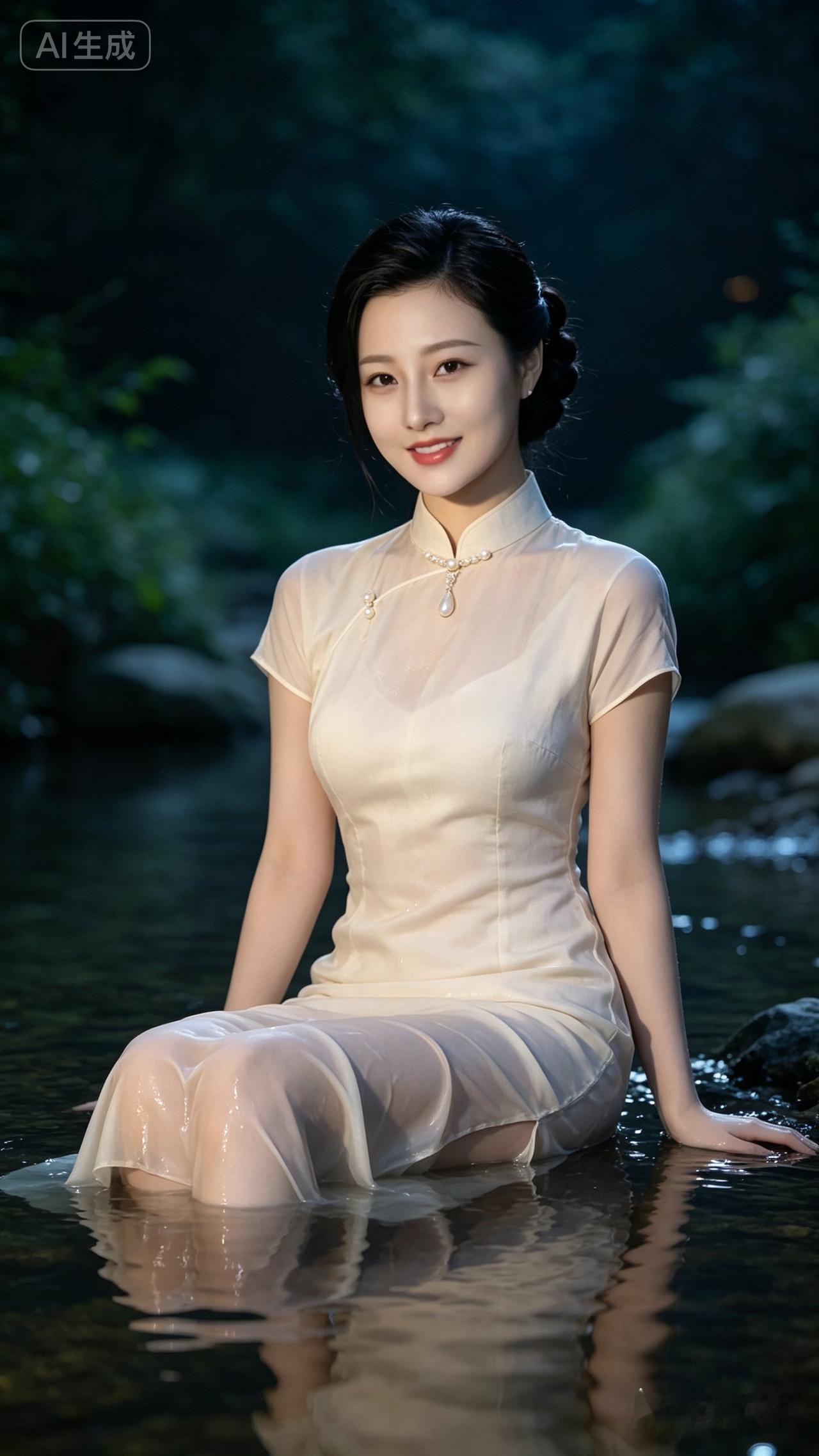优雅的东方美人，静坐于水边，宛如画中仙子。