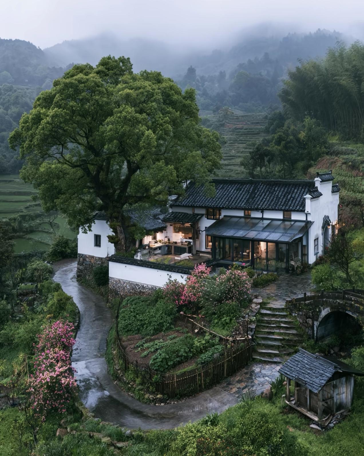 烟雨山间，古树老屋，石桥梯田，人间仙境。如果住在这里，给你多少钱你愿意留下来