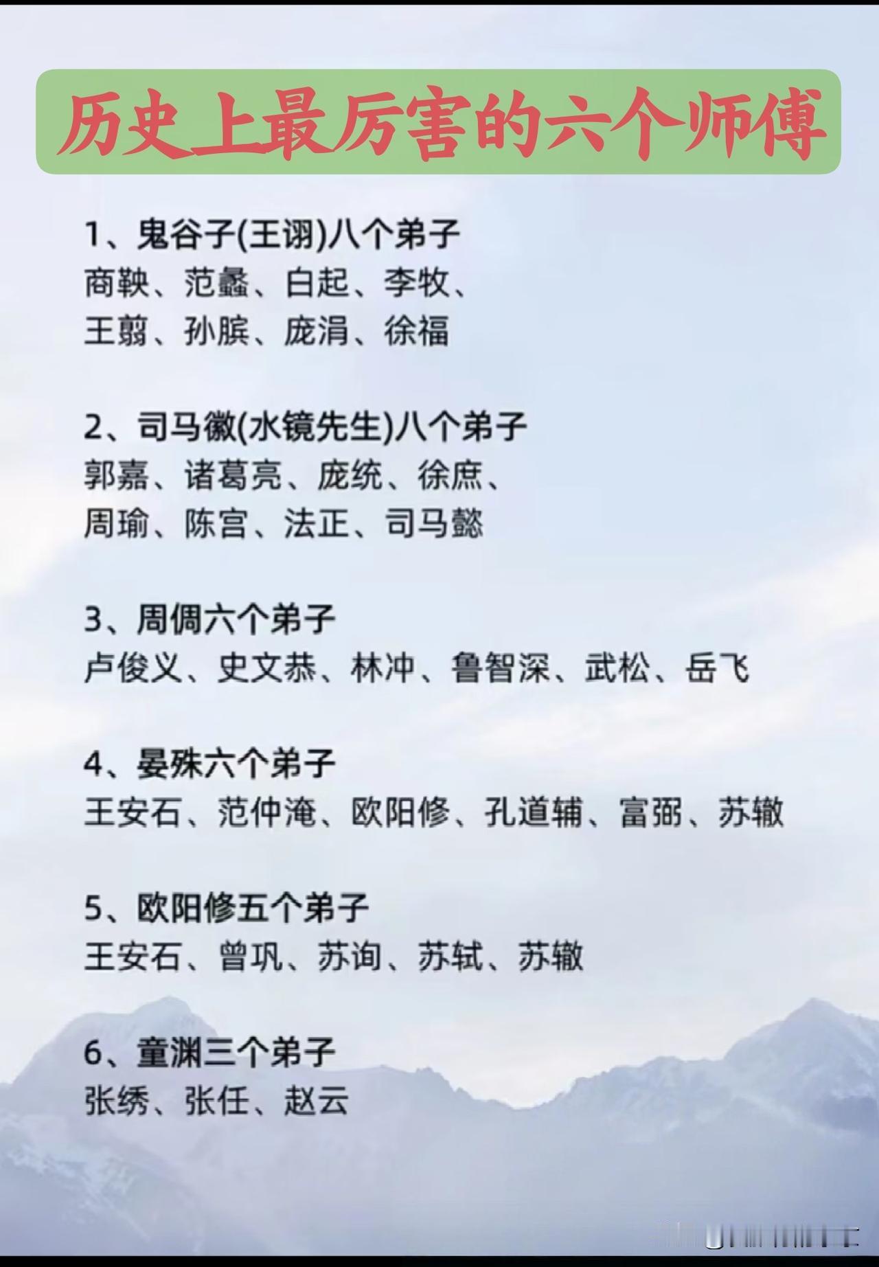 历史上最厉害的师傅名师出高徒，此话不假，这六位师傅的徒弟皆是叱咤风